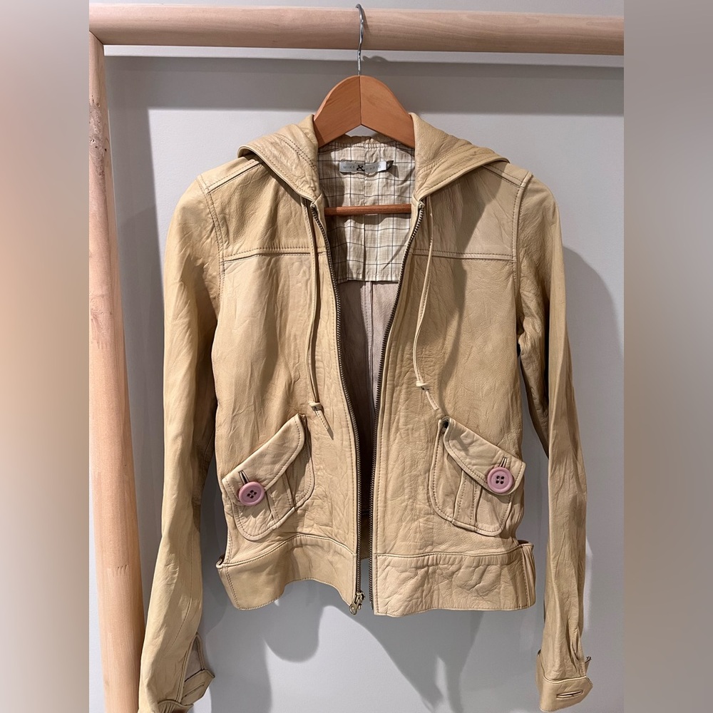 Mike & Chris Y2K light yellow lambskin leather hoodie jacket sz med